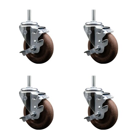 Service Caster 4 Inch High Temp Glass Filled Nylon 58 Inch Threaded Stem Caster Set with Brake SCC-TS20S414-GFNSHT-TLB-58212-4